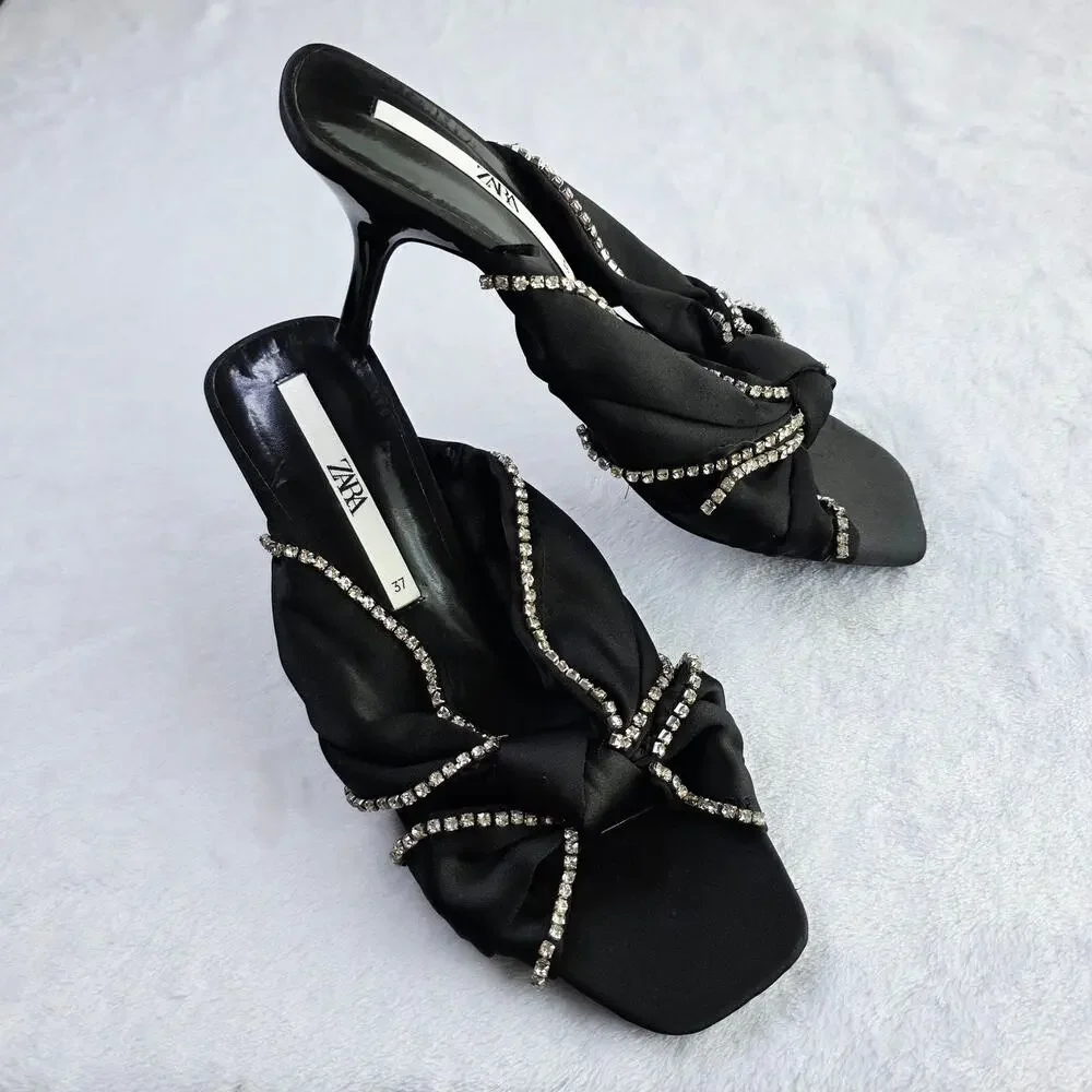 ZARA Satin Mule Heels EU 37 6.5 Black Rhinestone Bow Slip-On Glam Coquette Y2K
